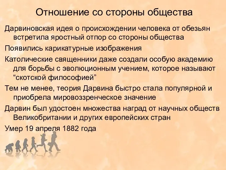 Отношение со стороны общества Дарвиновская идея о происхождении человека от обезьян