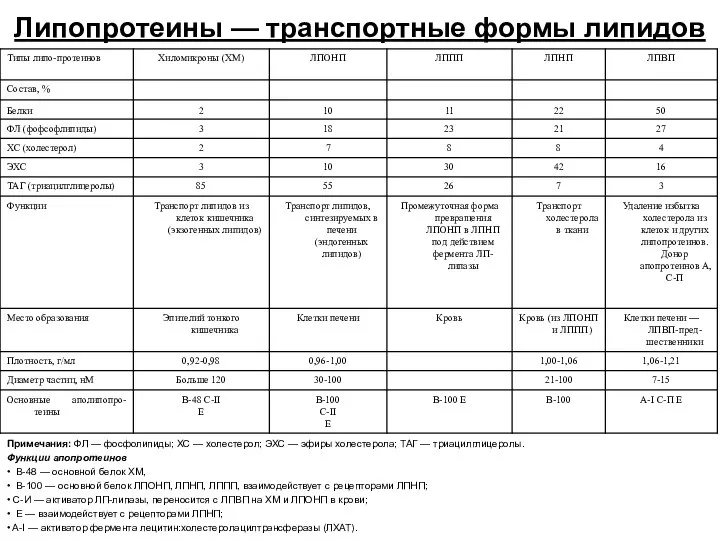 Липопротеины — транспортные формы липидов Примечания: ФЛ — фосфолипиды; ХС —