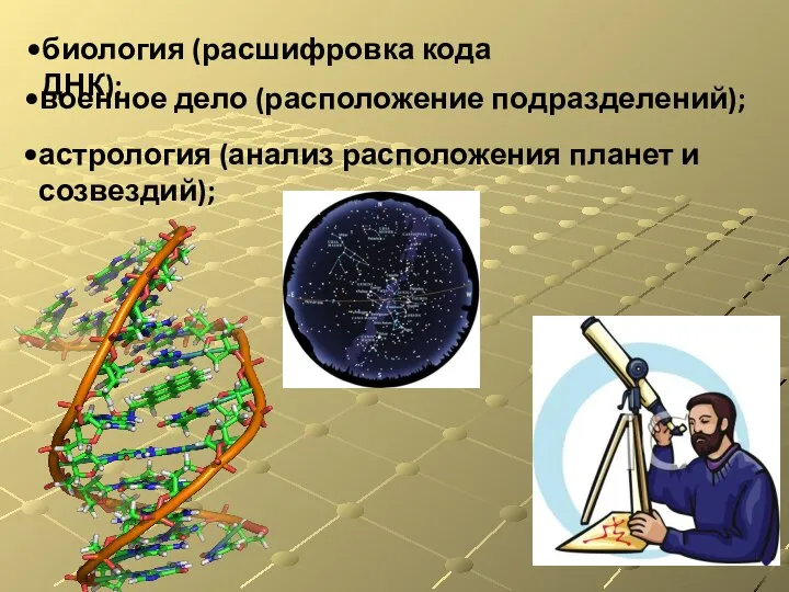 астрология (анализ расположения планет и созвездий); биология (расшифровка кода ДНК); военное дело (расположение подразделений);