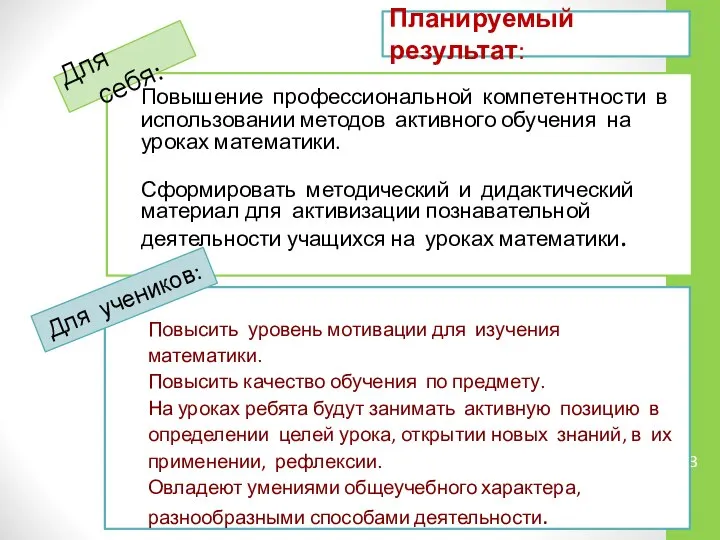 Планируемый результат: Повышение профессиональной компетентности в использовании методов активного обучения на