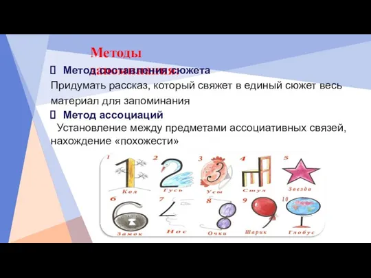 Методы запоминания: Метод составления сюжета Придумать рассказ, который свяжет в единый