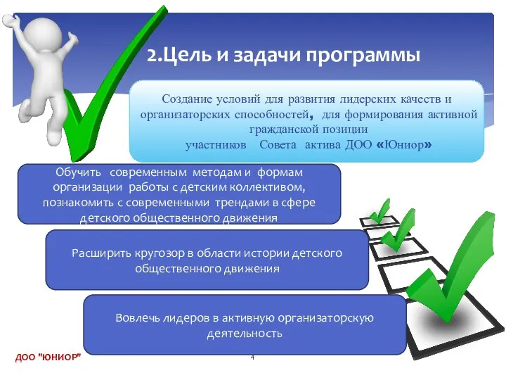 2.Цель и задачи программы ДОО "ЮНИОР" Создание условий для развития лидерских