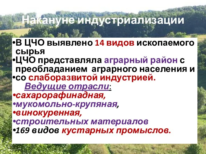 Накануне индустриализации В ЦЧО выявлено 14 видов ископаемого сырья ЦЧО представляла