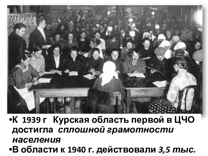 К 1939 г Курская область первой в ЦЧО достигла сплошной грамотности