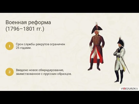 Военная реформа (1796–1801 гг.) Срок службы рекрутов ограничен 25 годами. 1