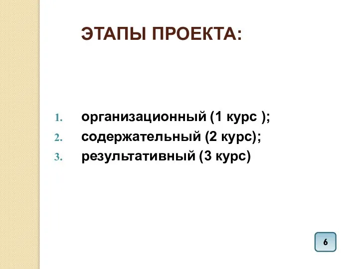 ЭТАПЫ ПРОЕКТА: организационный (1 курс ); содержательный (2 курс); результативный (3 курс) 6