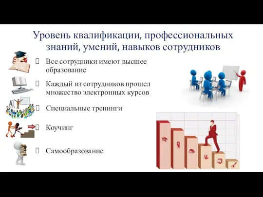 Уровень квалификации, профессиональных знаний, умений, навыков сотрудников Все сотрудники имеют высшее