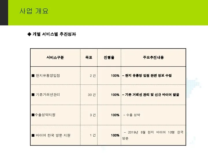 사업 개요 ◈ 개별 서비스별 추진성과