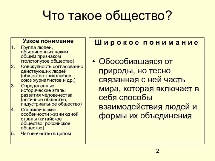 Что такое общество? Узкое понимание Группа людей, объединенных неким общим признаком