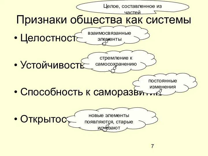 Признаки общества как системы Целостность Устойчивость Способность к саморазвитию Открытость взаимосвязанные