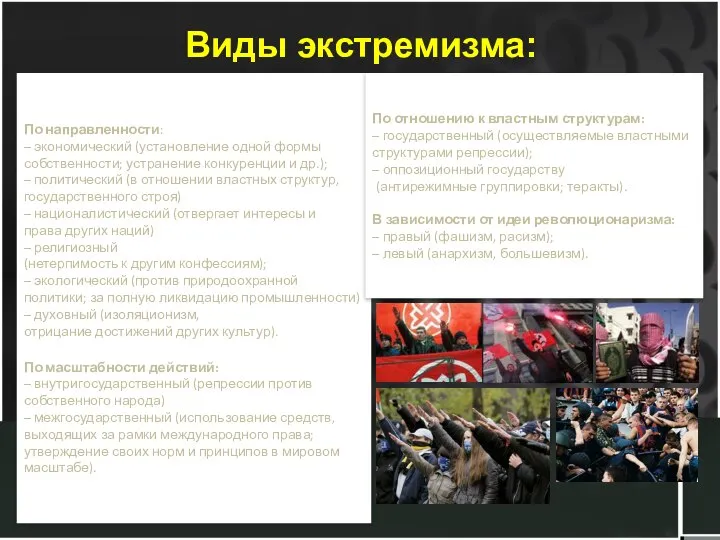 Виды экстремизма: По направленности: – экономический (установление одной формы собственности; устранение