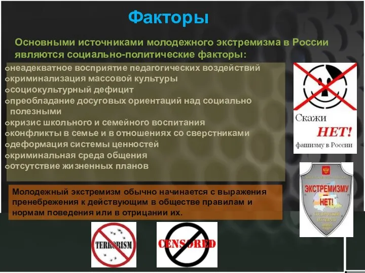 Факторы неадекватное восприятие педагогических воздействий криминализация массовой культуры социокультурный дефицит преобладание