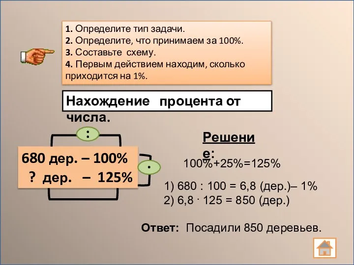 Нахождение процента от числа. 1) 680 : 100 = 6,8 (дер.)–