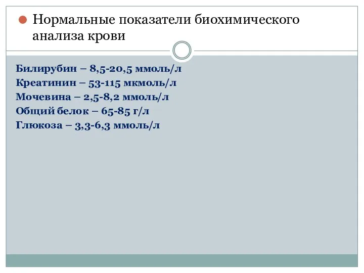 Билирубин – 8,5-20,5 ммоль/л Креатинин – 53-115 мкмоль/л Мочевина – 2,5-8,2