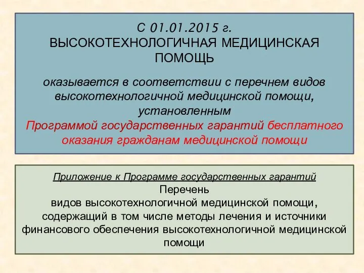 С 01.01.2015 г. ВЫСОКОТЕХНОЛОГИЧНАЯ МЕДИЦИНСКАЯ ПОМОЩЬ оказывается в соответствии с перечнем