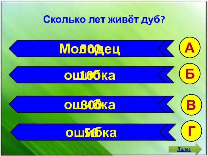 Сколько лет живёт дуб? ошибка ошибка ошибка А Б В Г