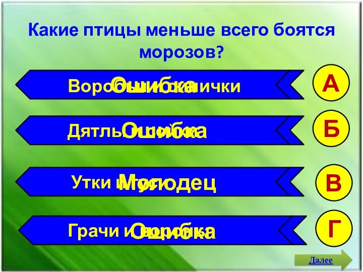 Какие птицы меньше всего боятся морозов? А Б В Г Воробьи