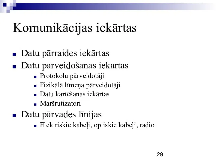 Komunikācijas iekārtas Datu pārraides iekārtas Datu pārveidošanas iekārtas Protokolu pārveidotāji Fizikālā