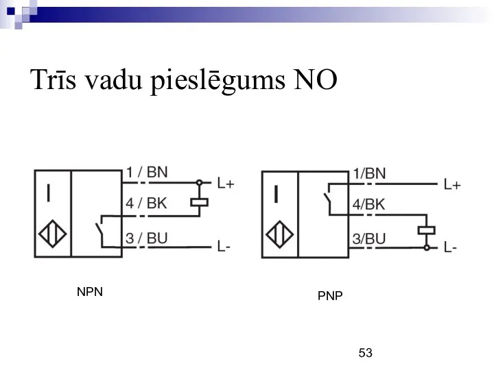 Trīs vadu pieslēgums NO PNP NPN