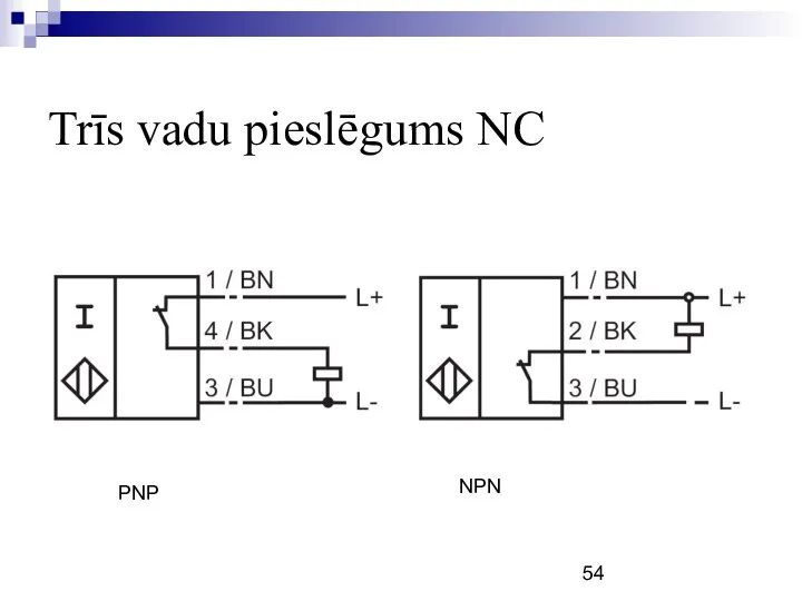 Trīs vadu pieslēgums NC PNP NPN