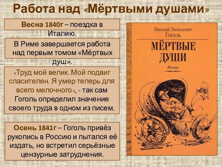 Работа над «Мёртвыми душами» Весна 1840г – поездка в Италию. В