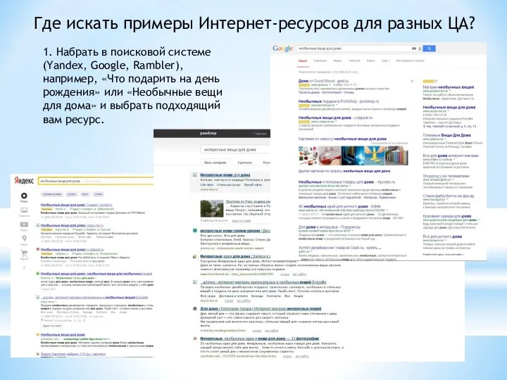 Где искать примеры Интернет-ресурсов для разных ЦА? 1. Набрать в поисковой