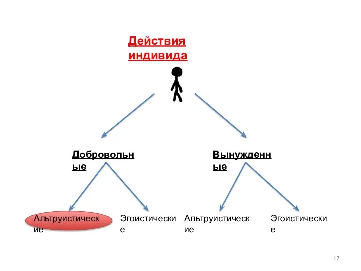 Действия индивида Добровольные Вынужденные Альтруистические Эгоистические Альтруистические Эгоистические