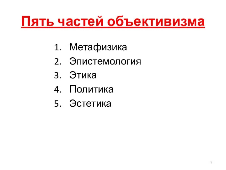 Пять частей объективизма Метафизика Эпистемология Этика Политика Эстетика