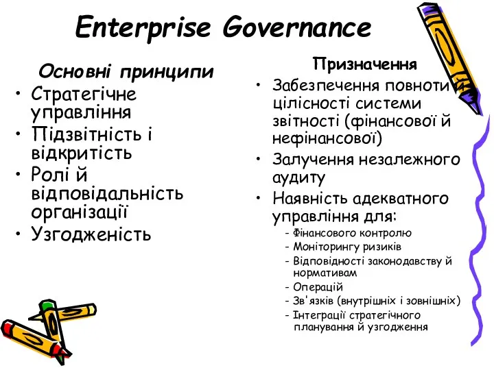 Enterprise Governance Основні принципи Стратегічне управління Підзвітність і відкритість Ролі й