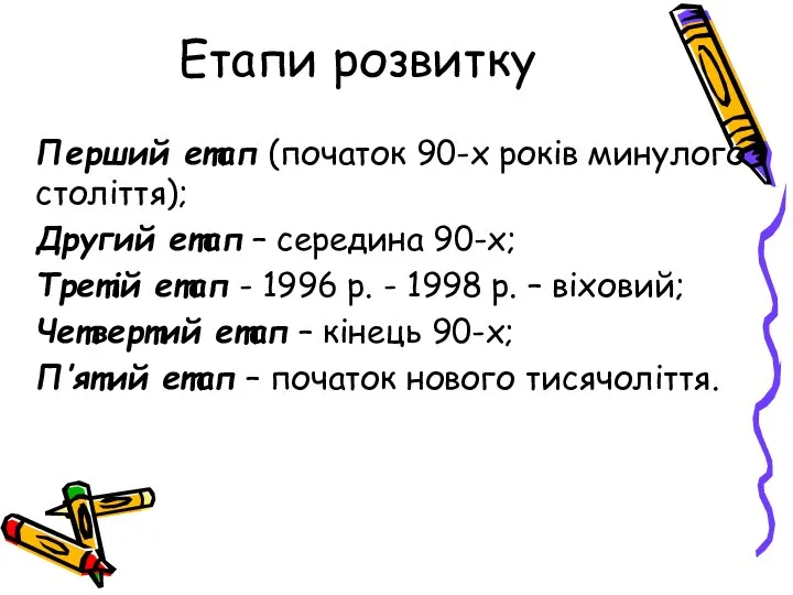 Етапи розвитку Перший етап (початок 90-х років минулого століття); Другий етап