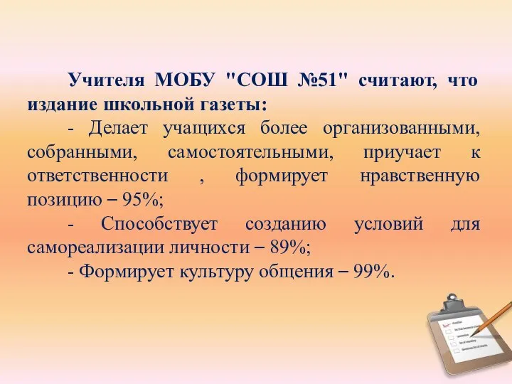 Учителя МОБУ "СОШ №51" считают, что издание школьной газеты: - Делает