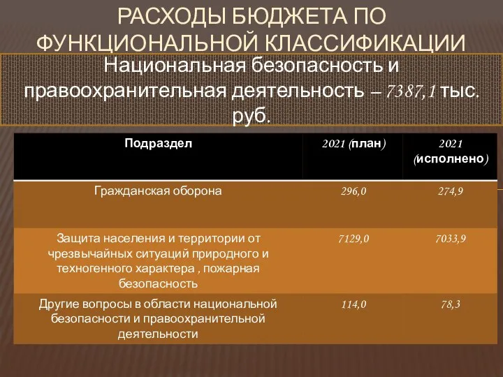 РАСХОДЫ БЮДЖЕТА ПО ФУНКЦИОНАЛЬНОЙ КЛАССИФИКАЦИИ Национальная безопасность и правоохранительная деятельность – 7387,1 тыс. руб.