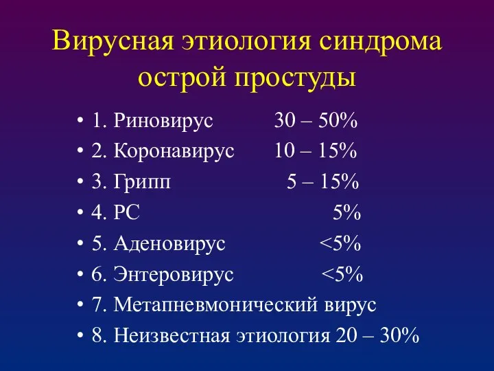 Вирусная этиология синдрома острой простуды 1. Риновирус 30 – 50% 2.