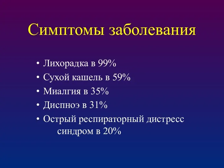 Симптомы заболевания Лихорадка в 99% Сухой кашель в 59% Миалгия в