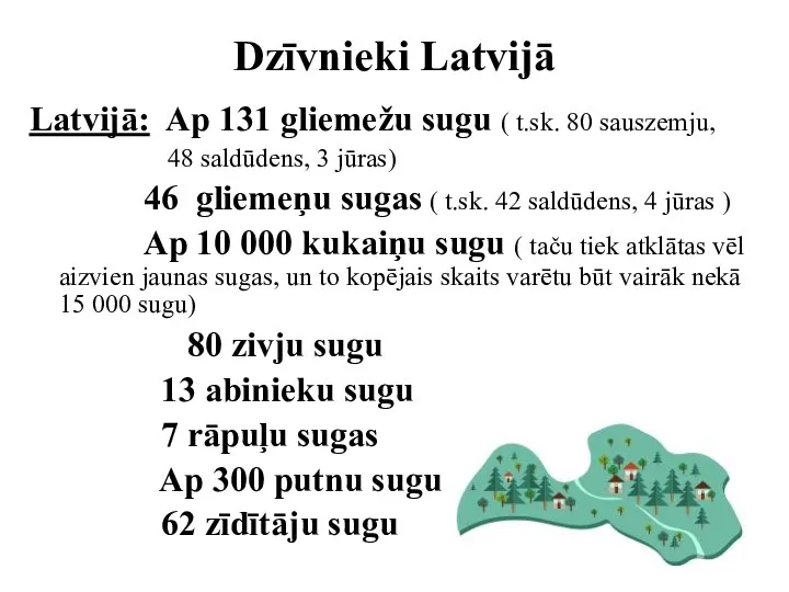 Dzīvnieki Latvijā Latvijā: Ap 131 gliemežu sugu ( t.sk. 80 sauszemju,