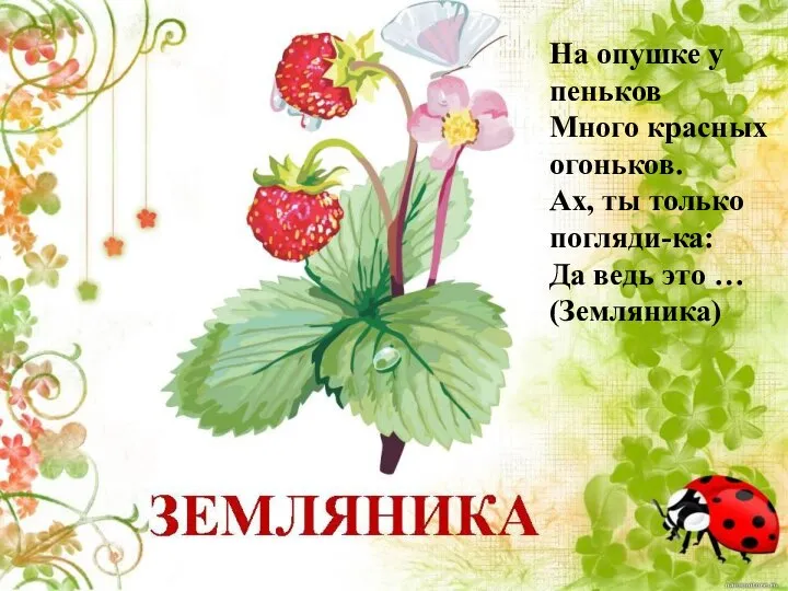 На опушке у пеньков Много красных огоньков. Ах, ты только погляди-ка: Да ведь это … (Земляника)