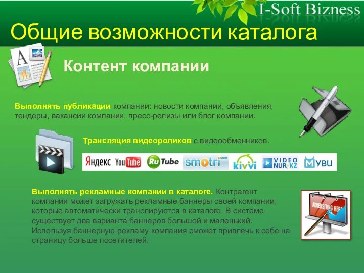 Общие возможности каталога Контент компании Выполнять публикации компании: новости компании, объявления,