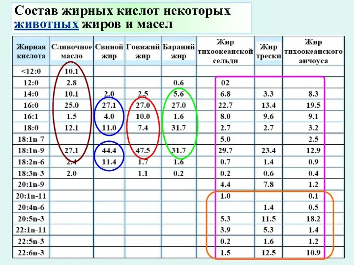 Состав жирных кислот некоторых животных жиров и масел