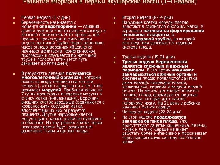 Развитие эмбриона в первый акушерский месяц (1-4 недели) Первая неделя (1-7