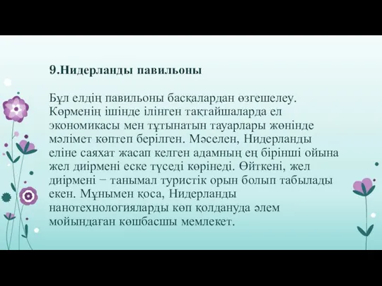 9.Нидерланды павильоны Бұл елдің павильоны басқалардан өзгешелеу. Көрменің ішінде ілінген тақтайшаларда