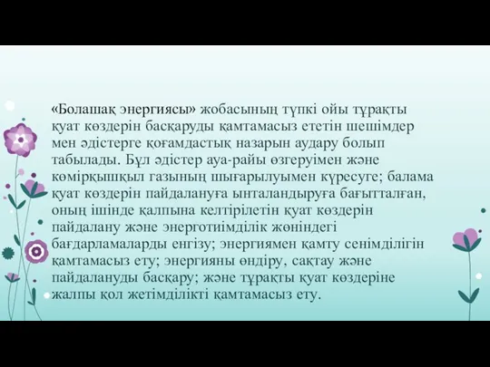 «Болашақ энергиясы» жобасының түпкі ойы тұрақты қуат көздерін басқаруды қамтамасыз ететін