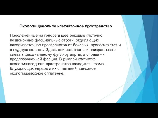 Околопищеводное клетчаточное пространство Прослеженные на голове и шее боковые глоточно-позвоночные фасциальные