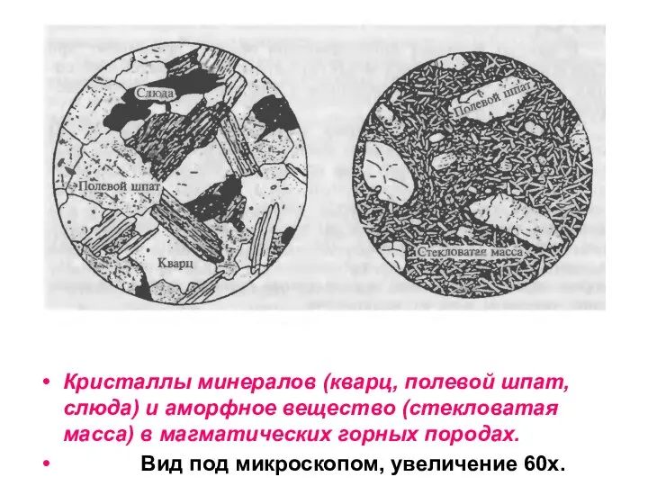 Кристаллы минералов (кварц, полевой шпат, слюда) и аморфное вещество (стекловатая масса)