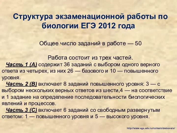 Структура экзаменационной работы по биологии ЕГЭ 2012 года Общее число заданий