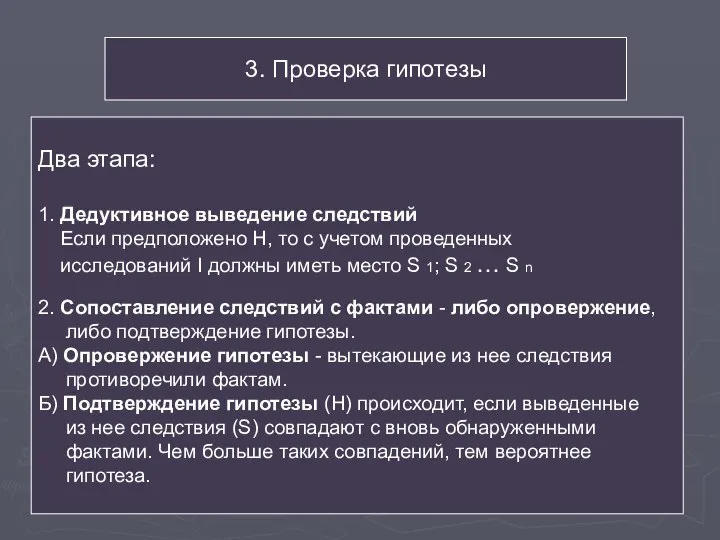 3. Проверка гипотезы Два этапа: 1. Дедуктивное выведение следствий Если предположено