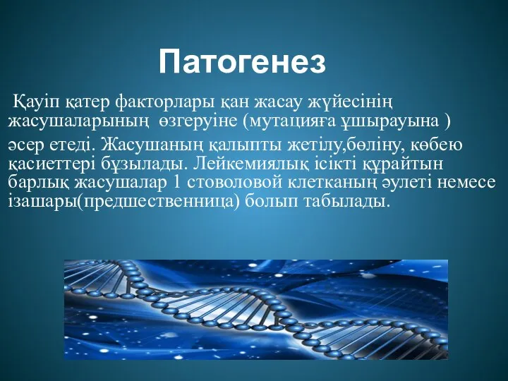 Патогенез Қауіп қатер факторлары қан жасау жүйесінің жасушаларының өзгеруіне (мутацияға ұшырауына