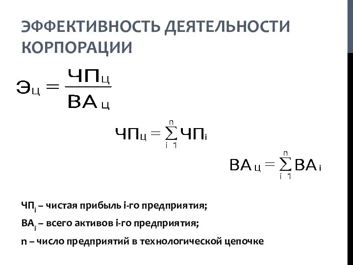 ЭФФЕКТИВНОСТЬ ДЕЯТЕЛЬНОСТИ КОРПОРАЦИИ ЧПi – чистая прибыль i-го предприятия; ВАi –