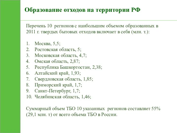 Образование отходов на территории РФ Перечень 10 регионов с наибольшим объемом