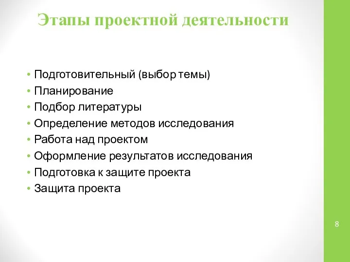 Этапы проектной деятельности Подготовительный (выбор темы) Планирование Подбор литературы Определение методов