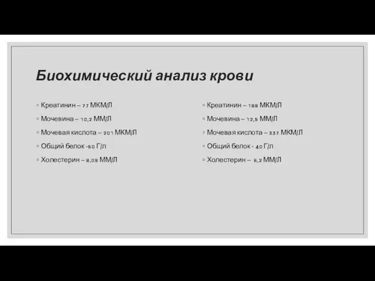 Биохимический анализ крови Креатинин – 77 МКМ/Л Мочевина – 10,2 ММ/Л